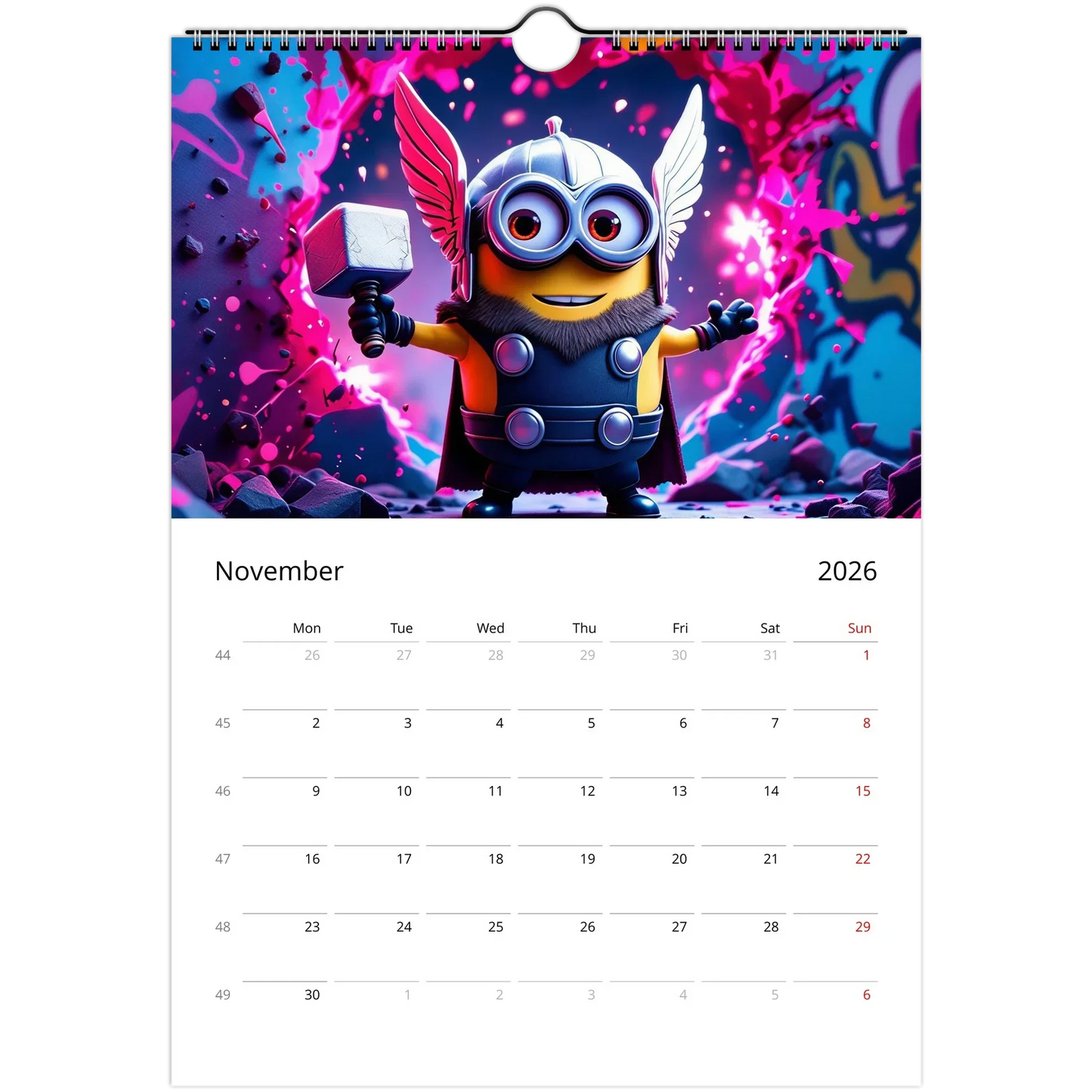 Minions Superhero Wall Calendar 2026 November page featuring a Minion dressed as Thor with a colorful background