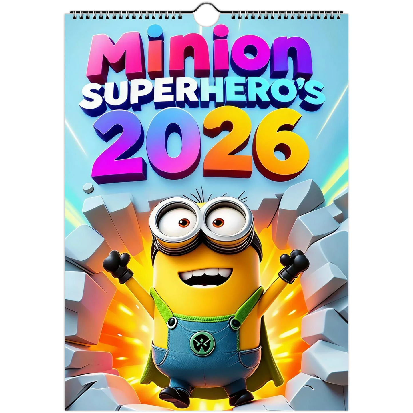 2026 Minions Superhero Wall Calendar with colorful superhero-themed Minion illustration on cover