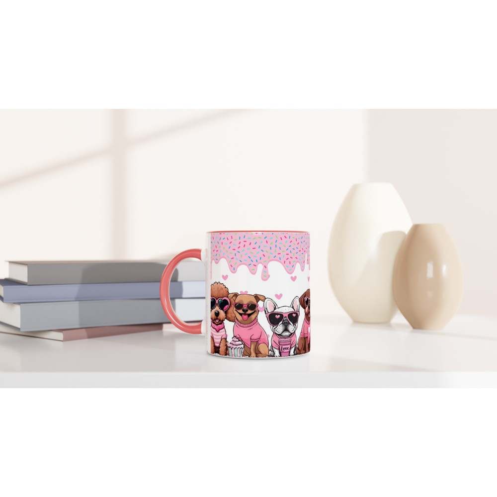 Cute puppy Valentines Day mug with colorful design, perfect dog lover gift, 11oz ceramic, available in 7 colors.