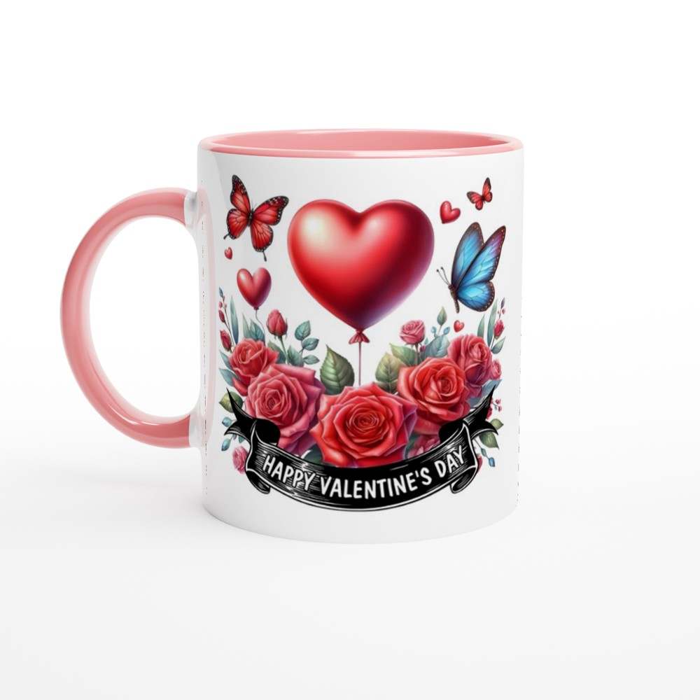 Valentines Day mug with vibrant heart and floral design, perfect gift.