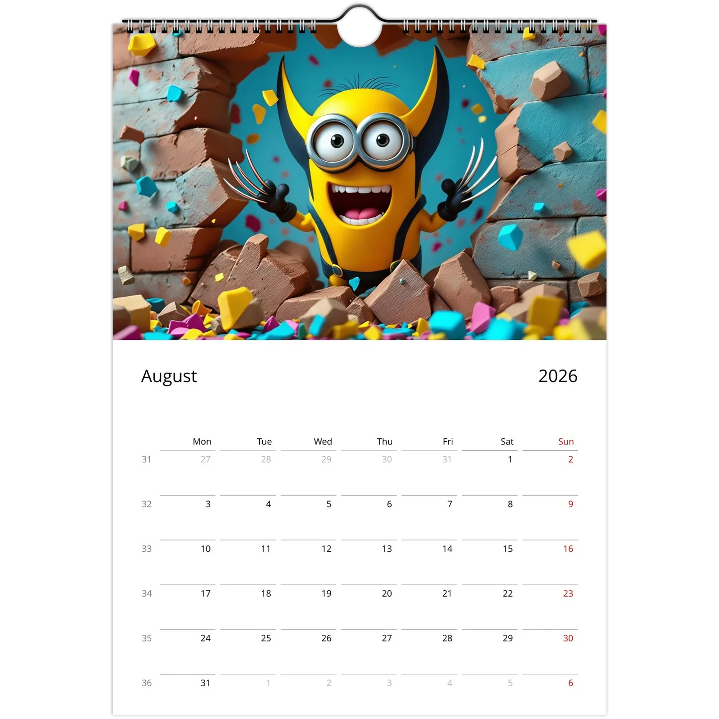 2026 Minions Superhero Wall Calendar featuring colorful superhero Minion illustration for August, standard A4 size with spiral binding and large date squares.