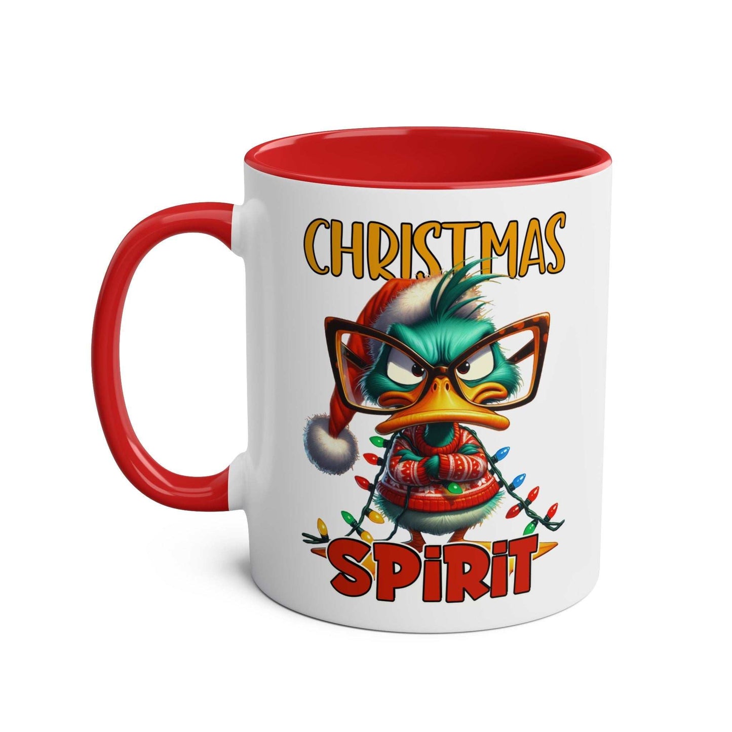 Sarky Christmas mug with duck design, available in 7 colors, 11oz ceramic, microwave and dishwasher safe.