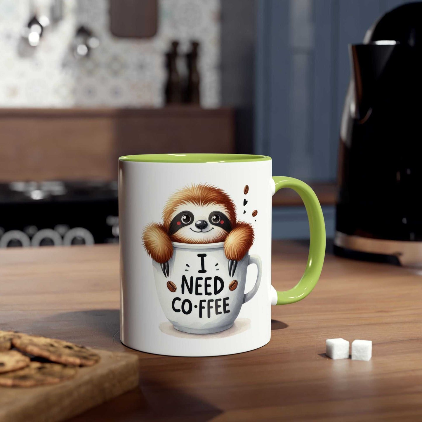 Cute sloth coffee mug with "I need coffee" design and glossy finish.