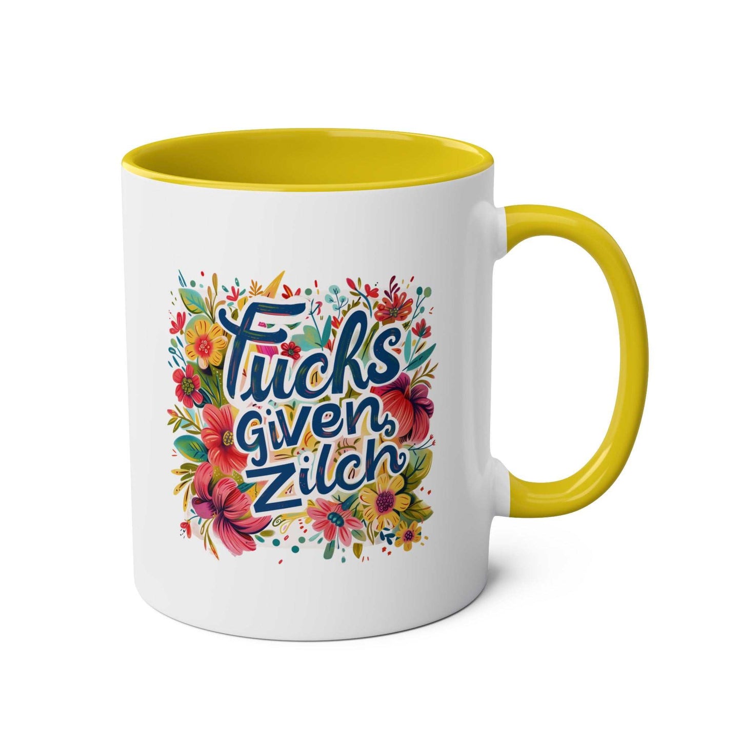 Fucks Given Zilch Coffee Mug with colorful floral design and yellow interior.