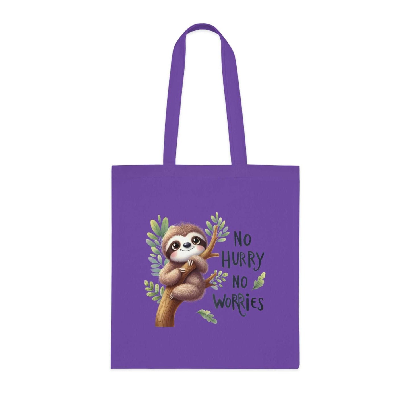 Cotton tote with cute sloth design on a purple background.