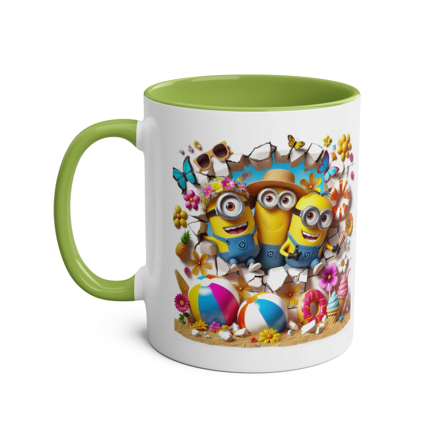 Minion Beach Themed Coffee Mug with playful Minions design, glossy finish, and green interior.