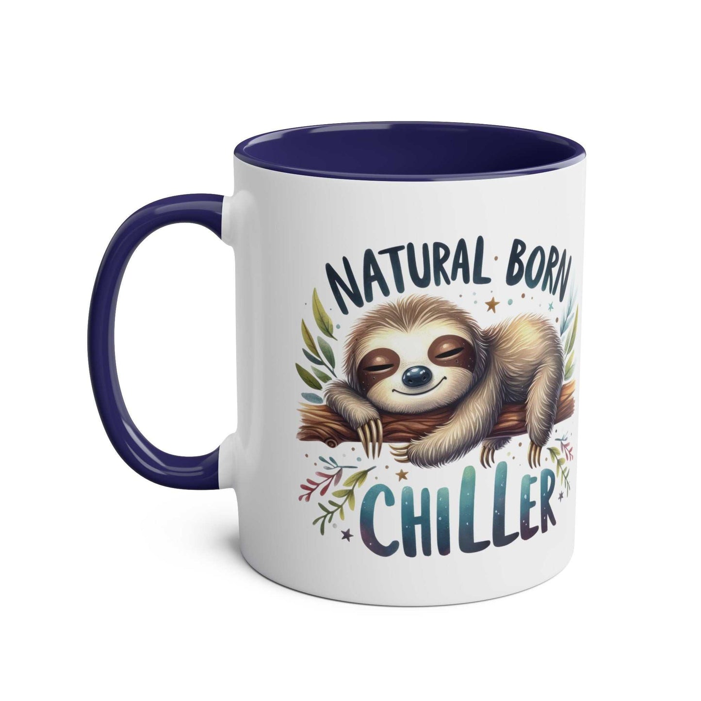 Cute sloth coffee mug with colorful design and "Natural Born Chiller" text, perfect for animal lovers.