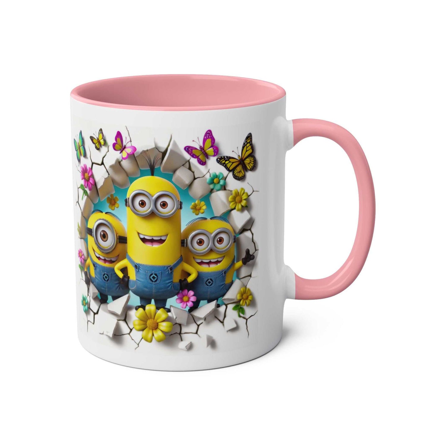 Minion Inspired Coffee Mug with cheerful design and pink handle.