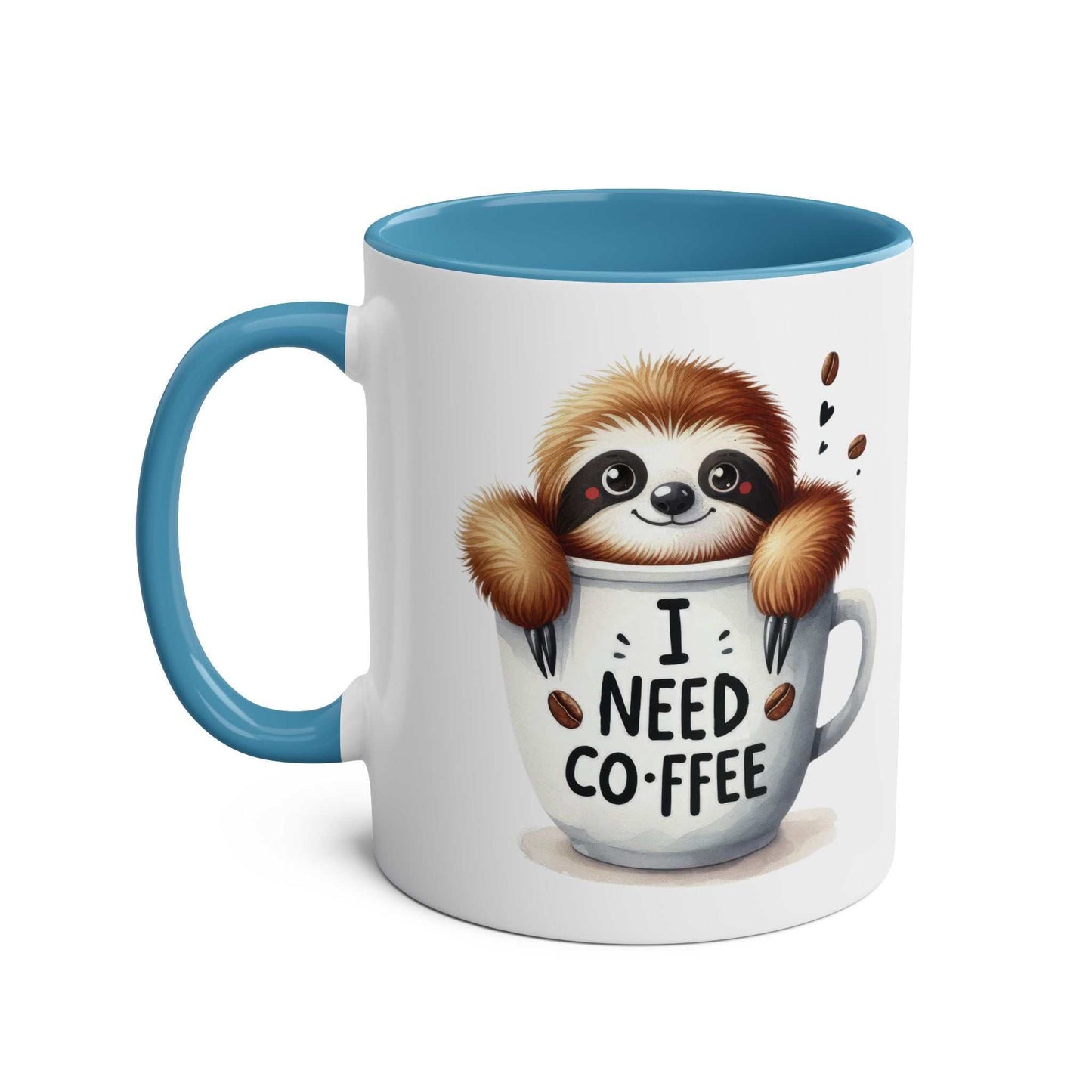 Cute sloth coffee mug with "I need coffee" design, blue handle, ceramic, dishwasher safe.