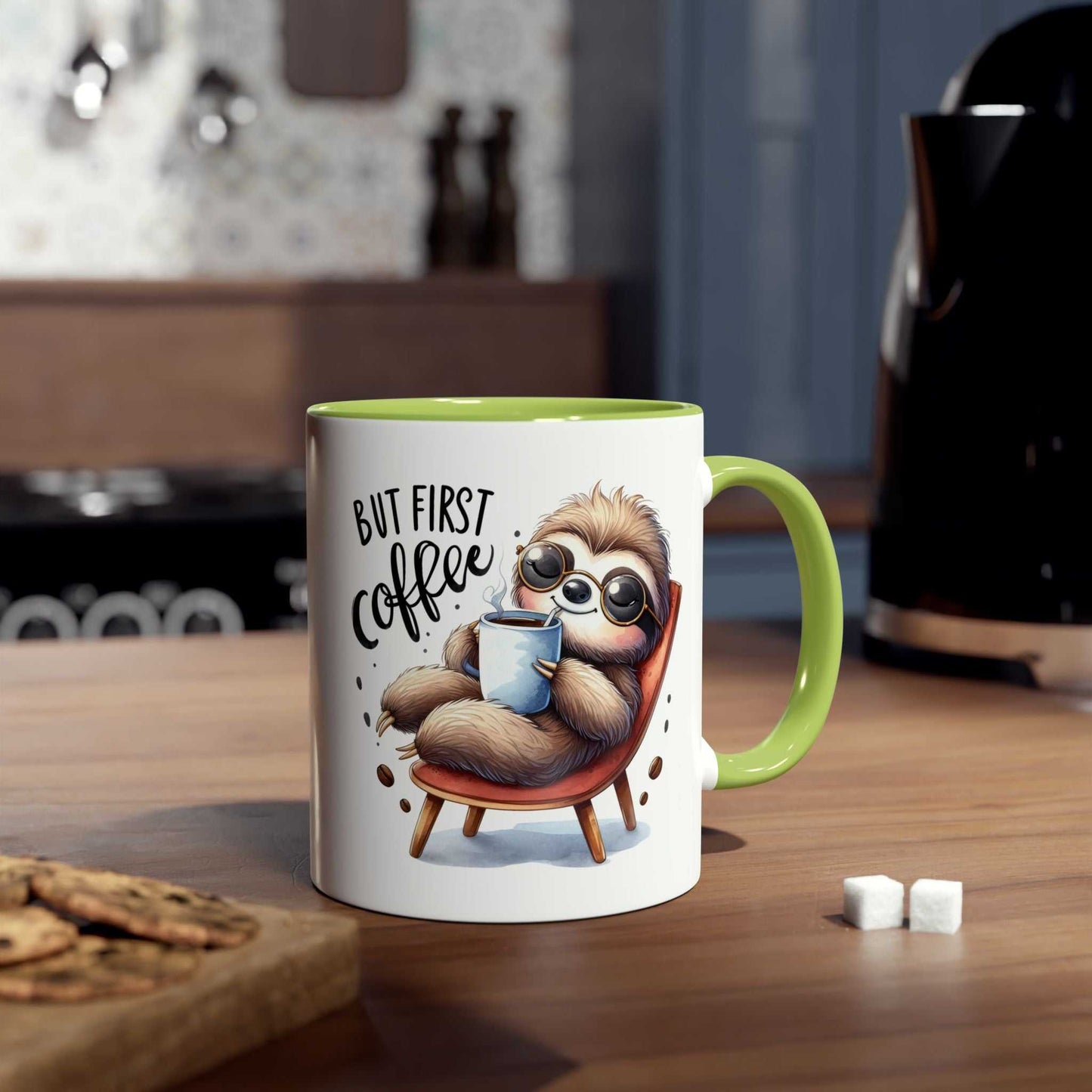 Cute sloth coffee mug with whimsical design in cozy kitchen setting.