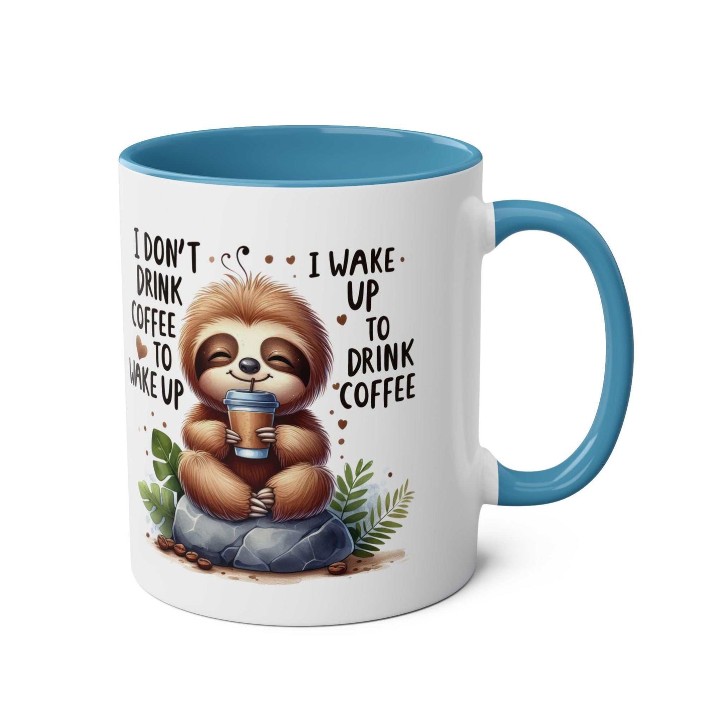 Cute sloth coffee mug with whimsical design and blue handle.