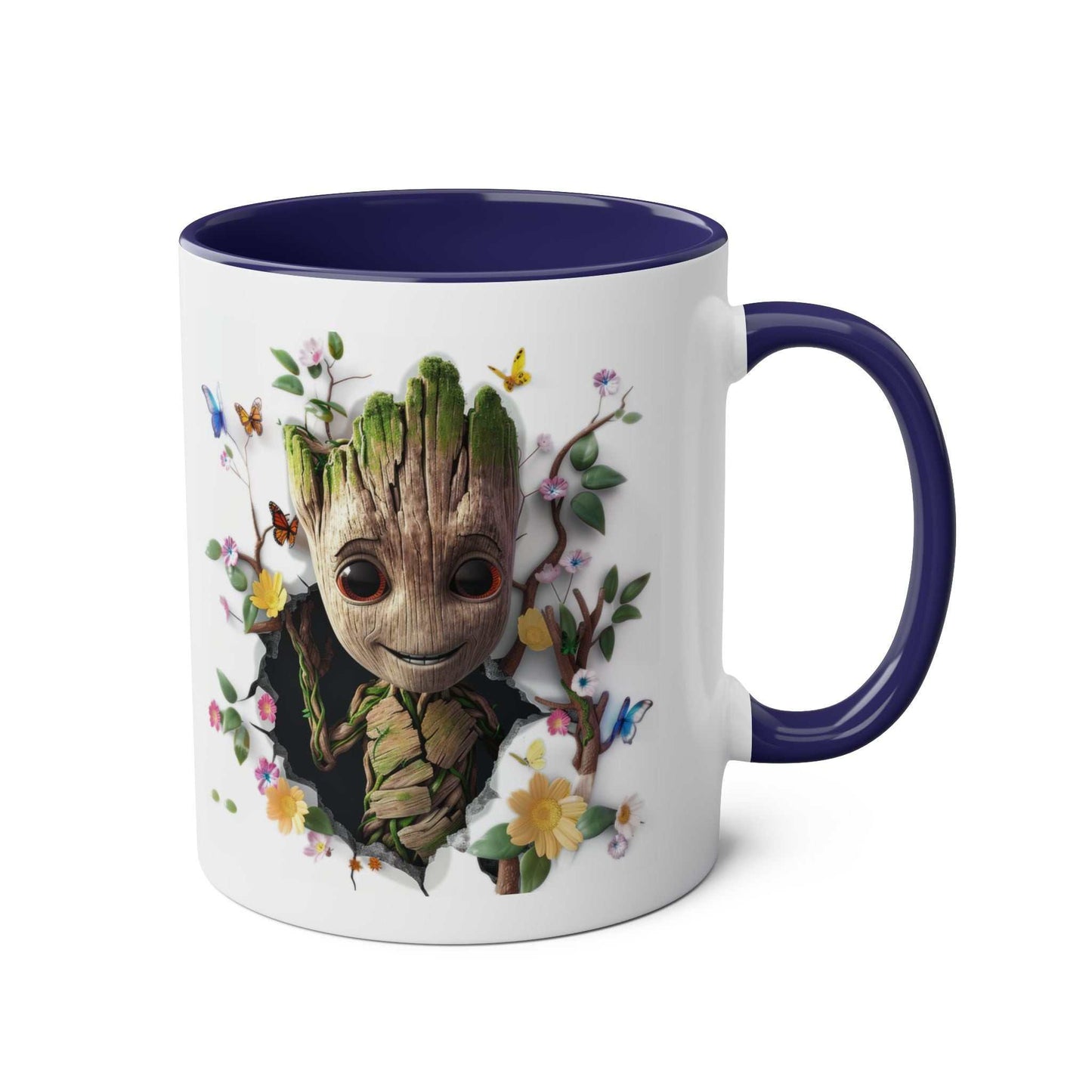 Baby Groot themed mug with colorful floral design, 11oz ceramic, glossy finish, microwave and dishwasher safe.