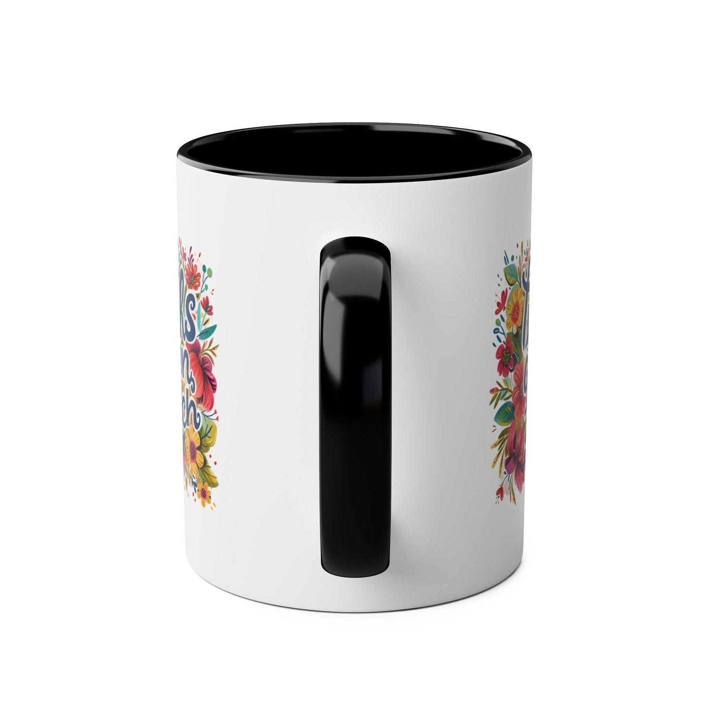 Zilch Coffee Mug with playful floral design and black handle.