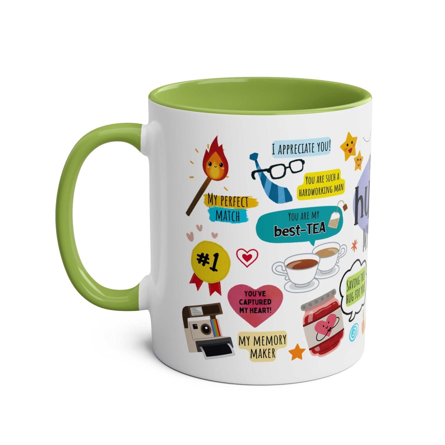 Husband Father's Day gift mug with colorful graphics and fun messages on a glossy ceramic finish.