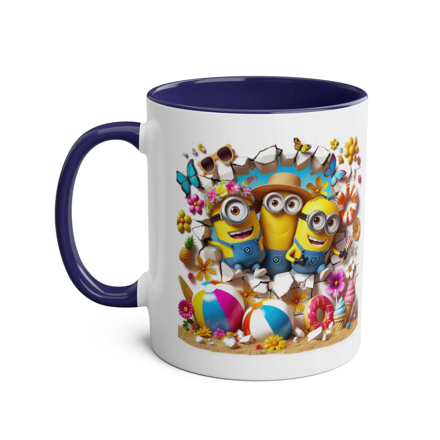 Minion Beach Themed Coffee Mug with playful Minions design, 11oz ceramic, glossy finish.