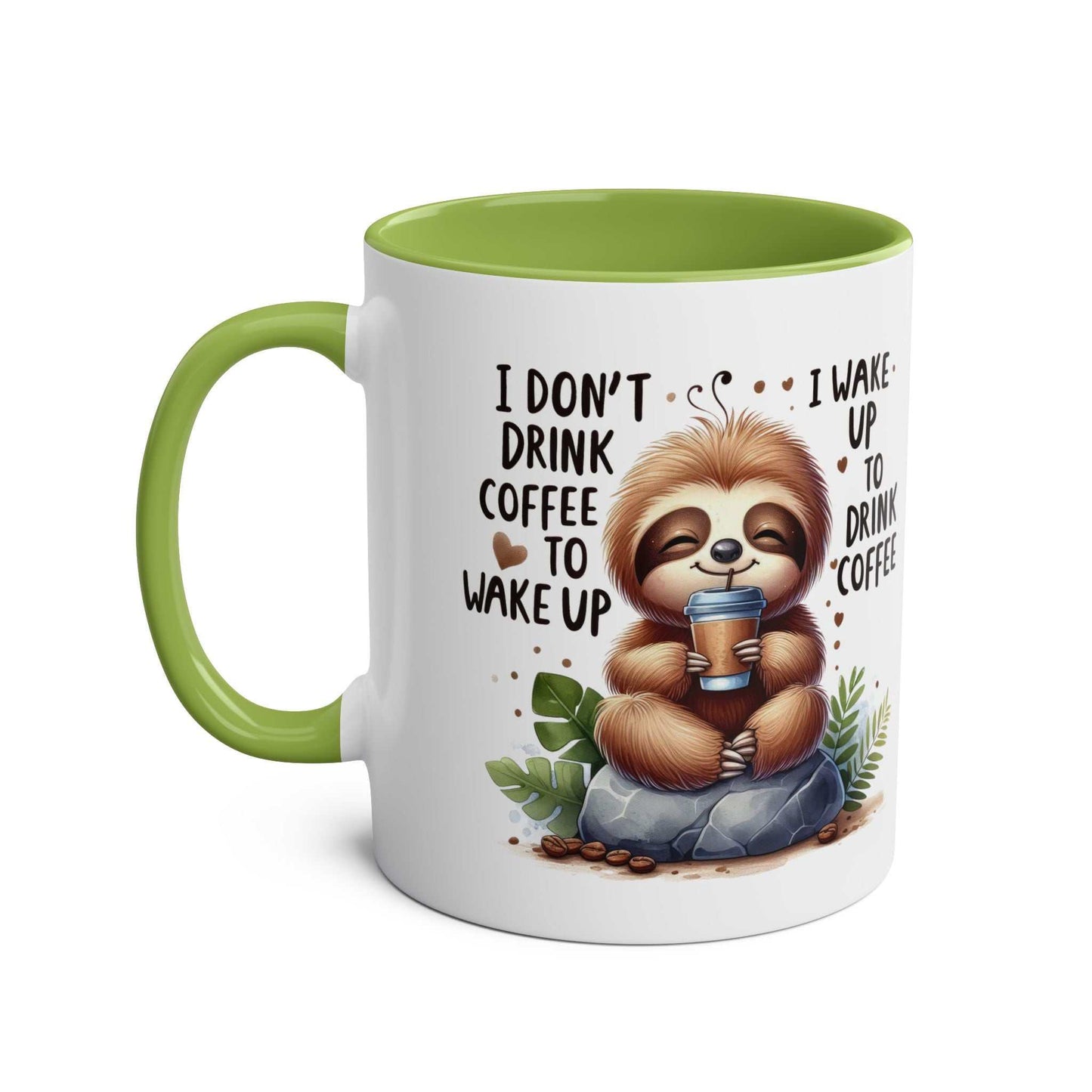 Cute sloth coffee mug with green handle and inner, featuring a whimsical sloth design and humorous coffee quote.