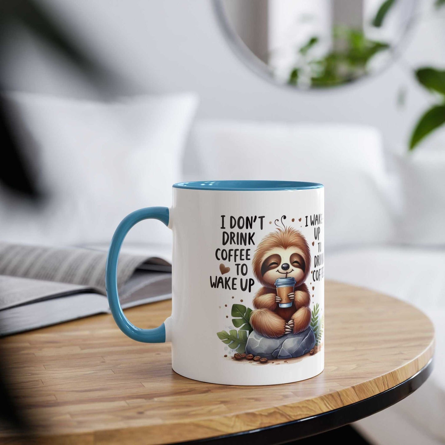 Cute sloth coffee mug with whimsical design, 11oz ceramic, glossy finish, and blue handle.