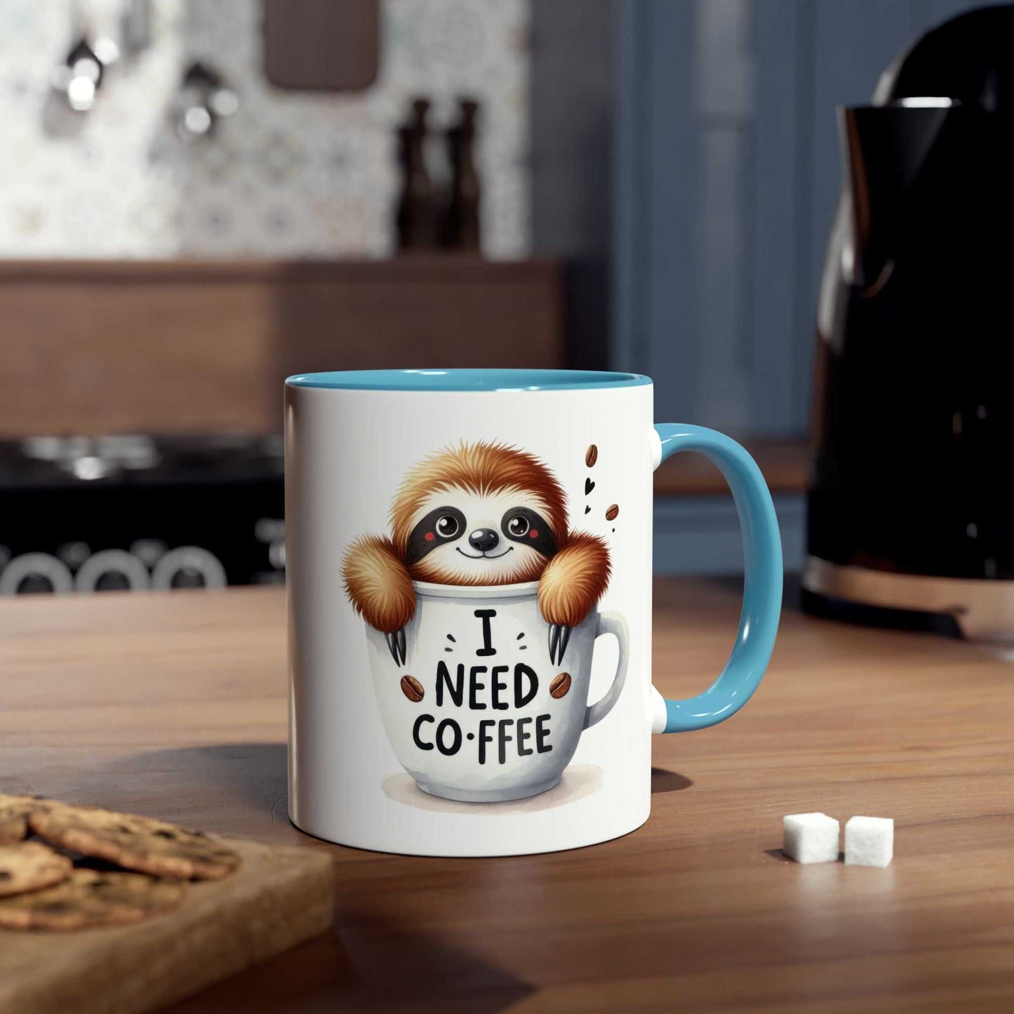 Cute sloth coffee mug on a kitchen counter with a whimsical design and text "I Need Coffee."