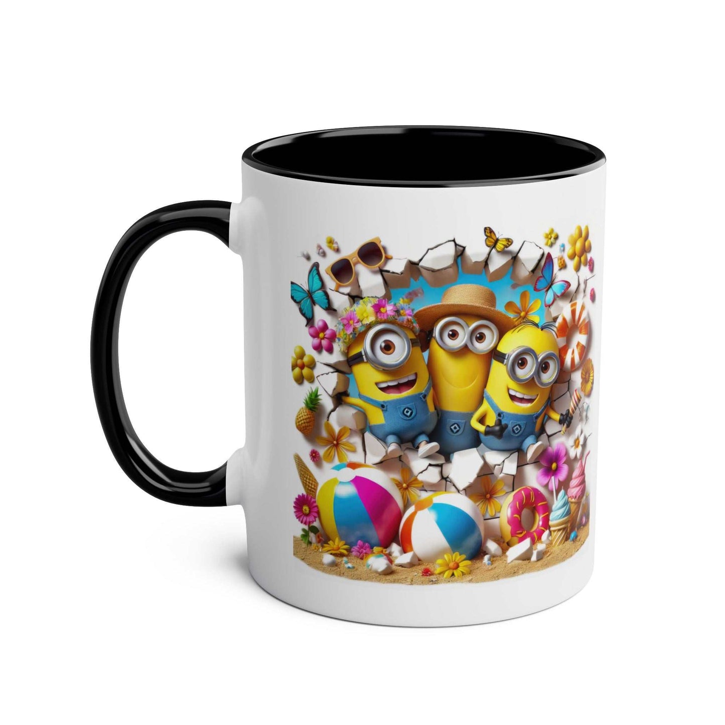Minion Beach Themed Coffee Mug featuring Minions enjoying the sun and surf, 11oz ceramic with glossy finish.
