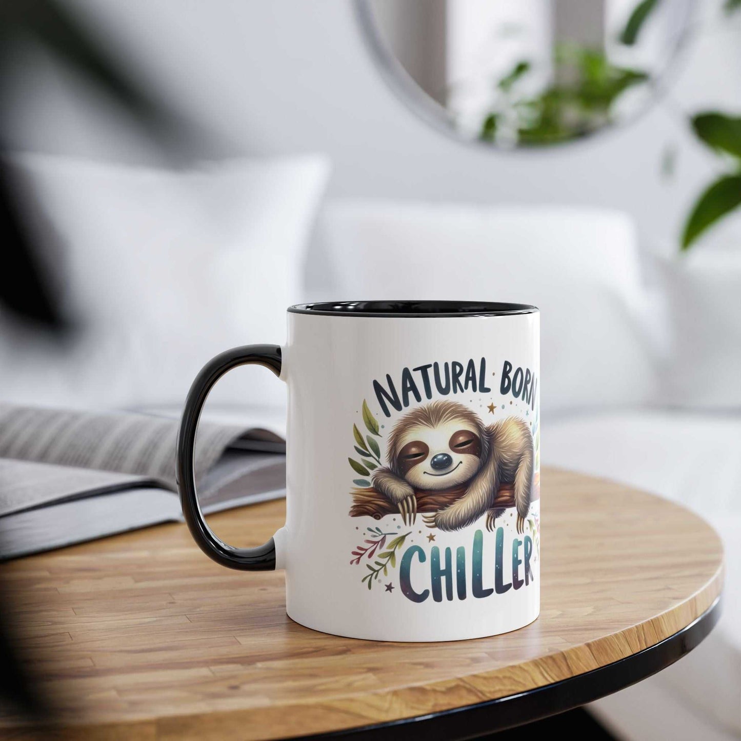 Cute sloth coffee mug with natural born chiller design, 11oz ceramic, available in 7 colors.