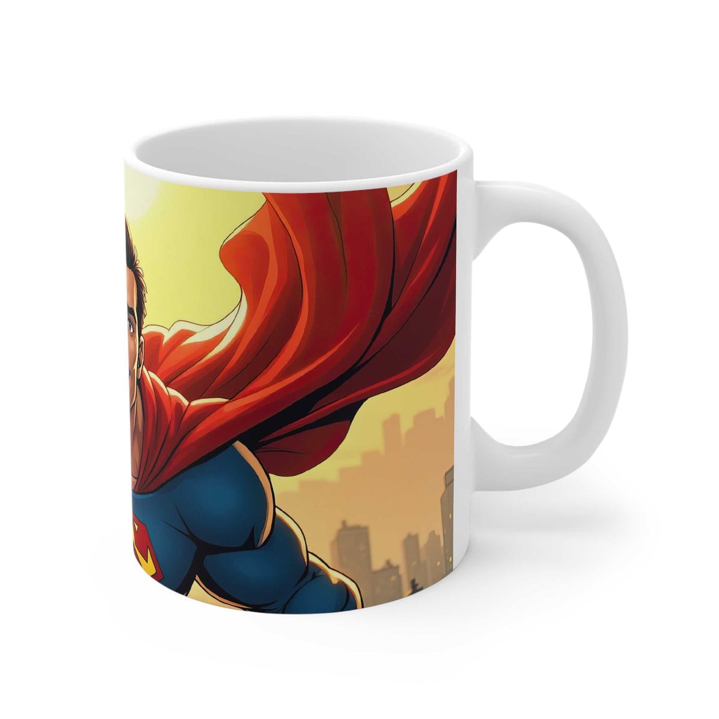 Superman themed coffee mug with a colorful superhero design, glossy finish, 11oz ceramic, microwave and dishwasher safe.