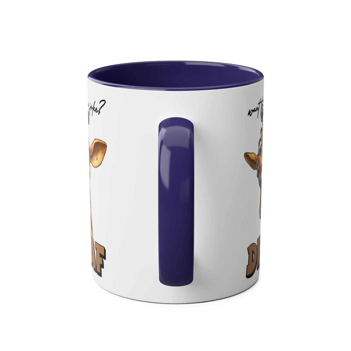 Decaf Joke Coffee Mug with giraffe design, featuring funny quote, glossy finish, and blue handle.