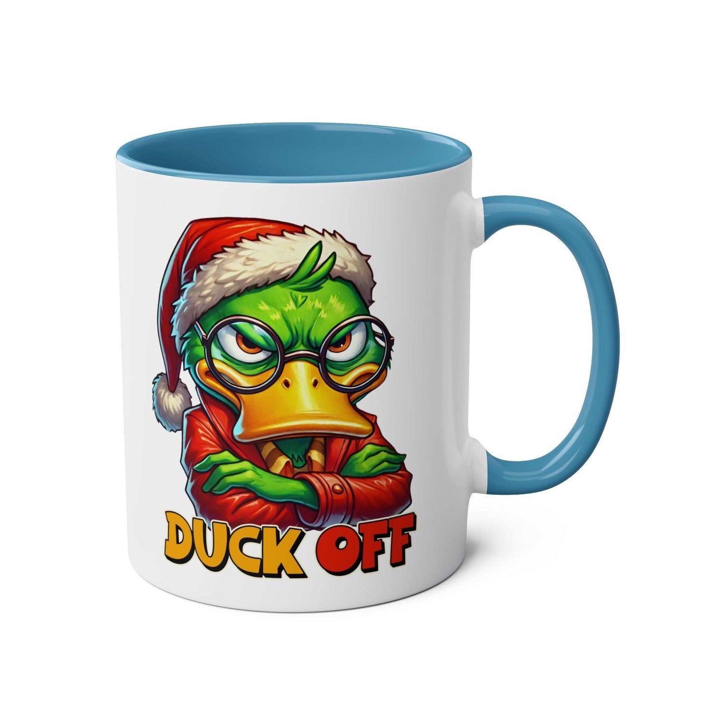 Sarky Christmas mug with duck design, glossy 11oz ceramic, holiday gift.
