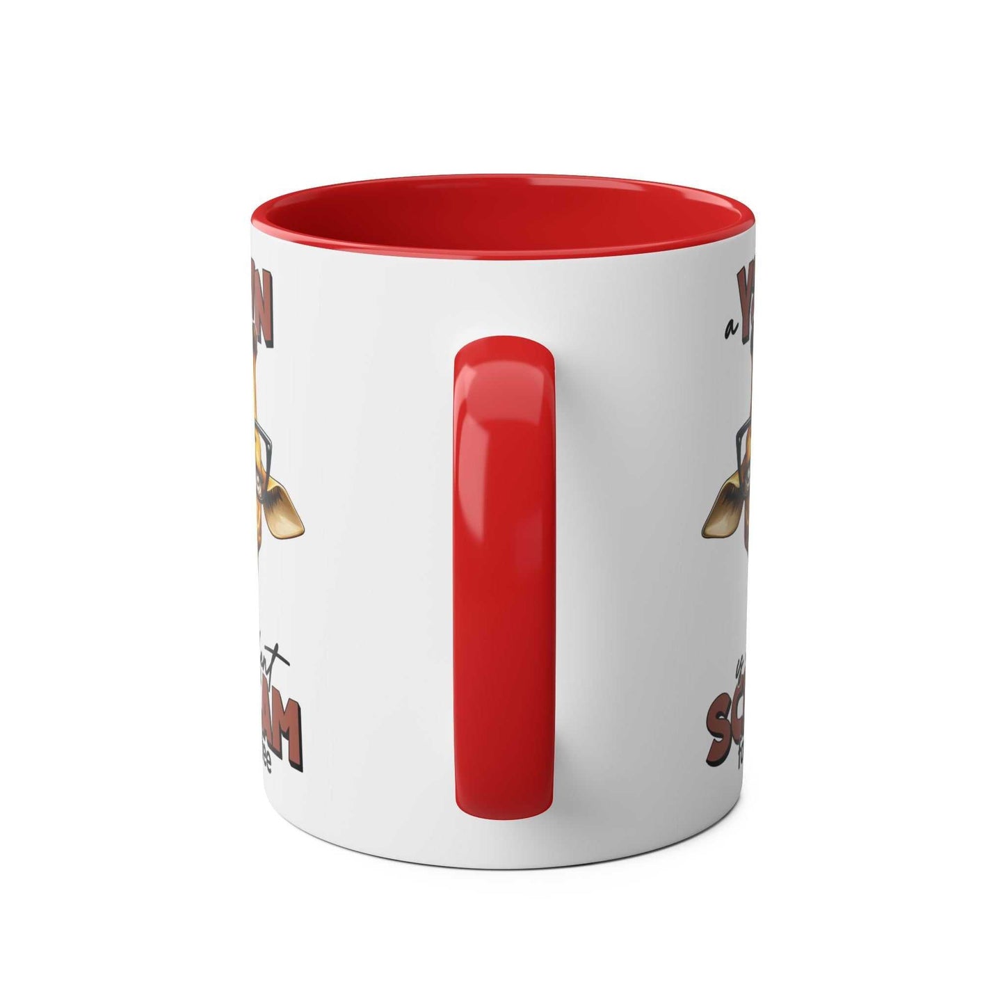 Yawn Coffee Mug with quirky giraffe design and red handle, 11oz ceramic, microwave and dishwasher safe.