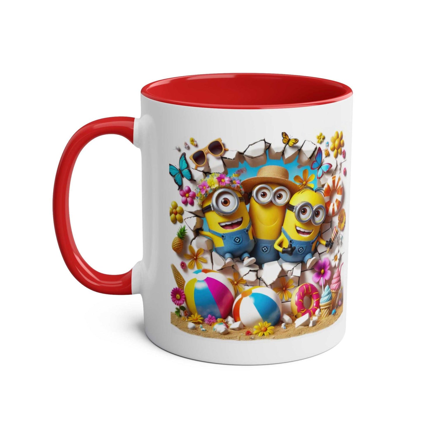 Minion Beach Themed Coffee Mug with vibrant beach design and glossy finish.