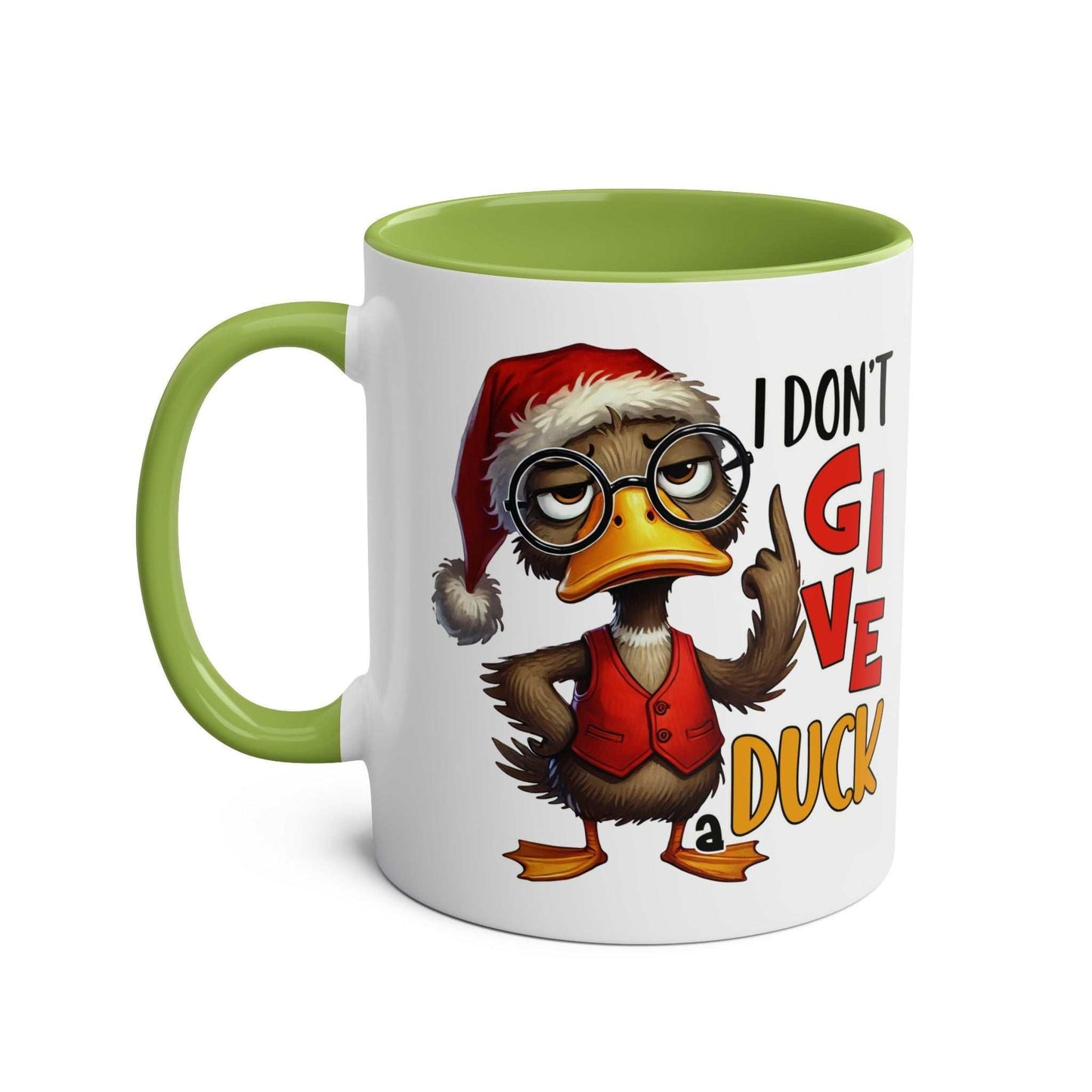 Sarky Christmas Mug with sassy duck design, ceramic, available in 7 colors, 11oz, microwave and dishwasher safe.