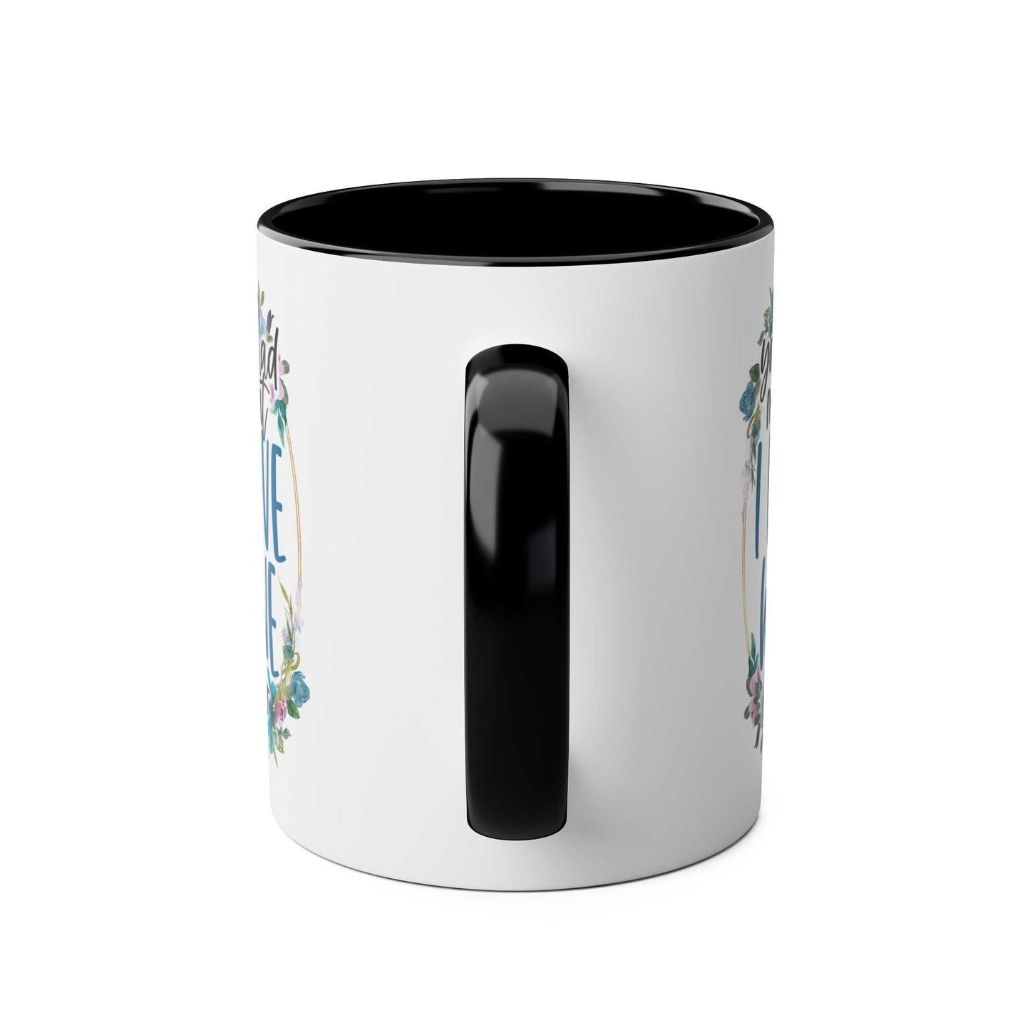 Love Wine Coffee Mug, ceramic, glossy finish, floral design, black handle.