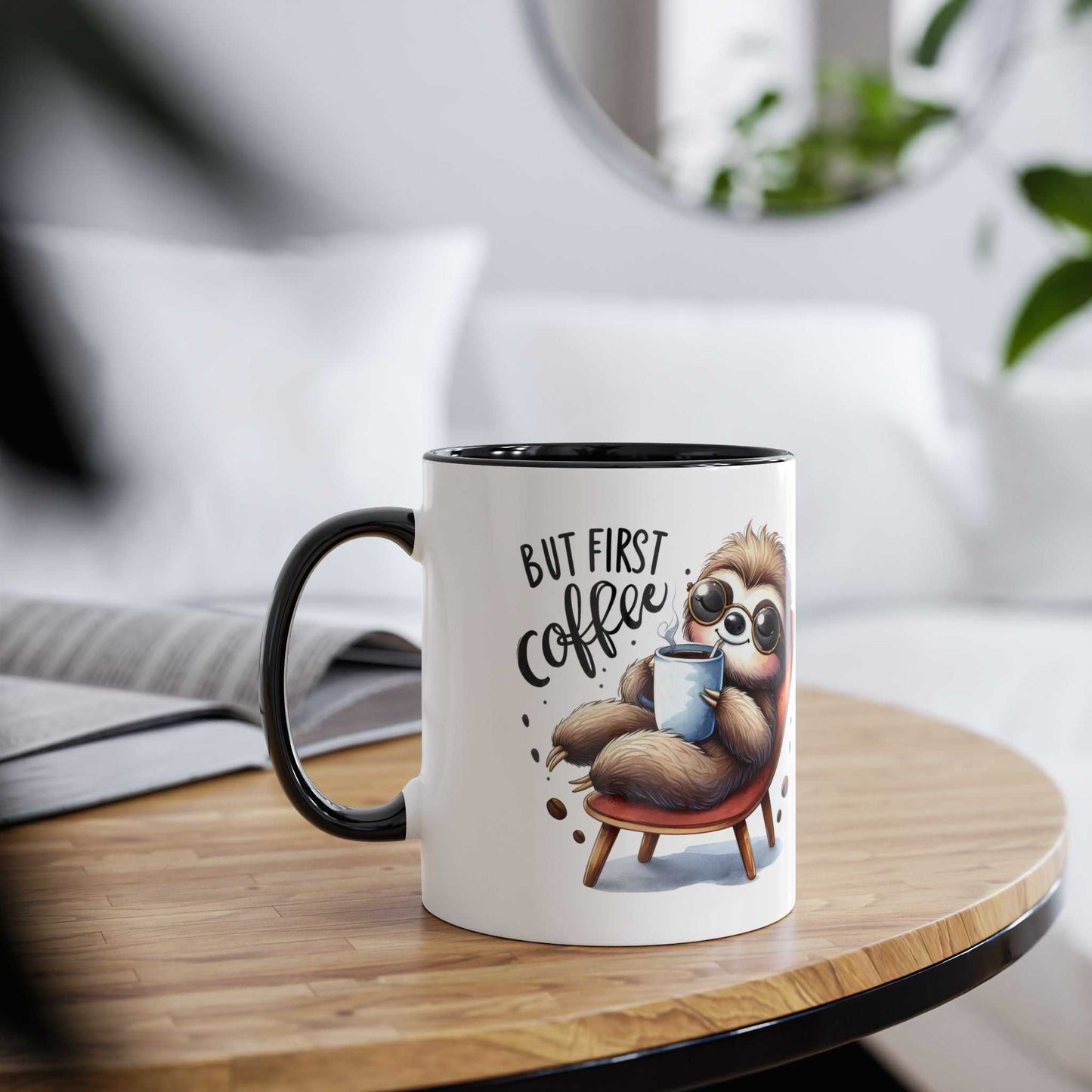 Cute sloth coffee mug with whimsical design, 11oz ceramic, microwave and dishwasher safe.