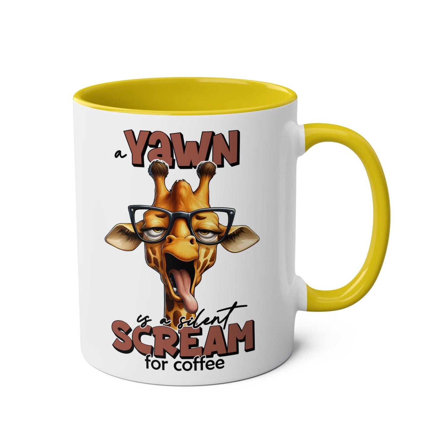 Yawn Coffee Mug with quirky giraffe design and yellow handle.