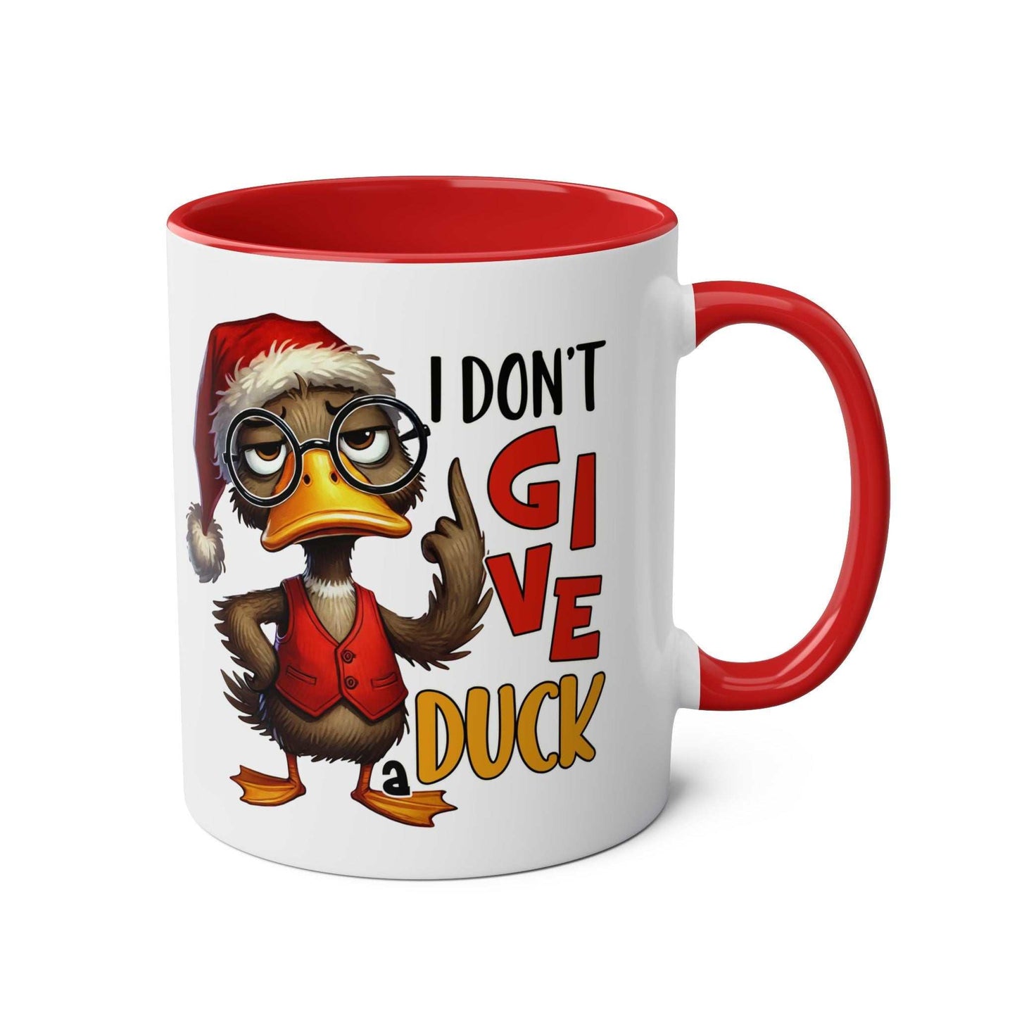 Sarky Christmas Mug featuring a sassy duck design with red handle and interior.