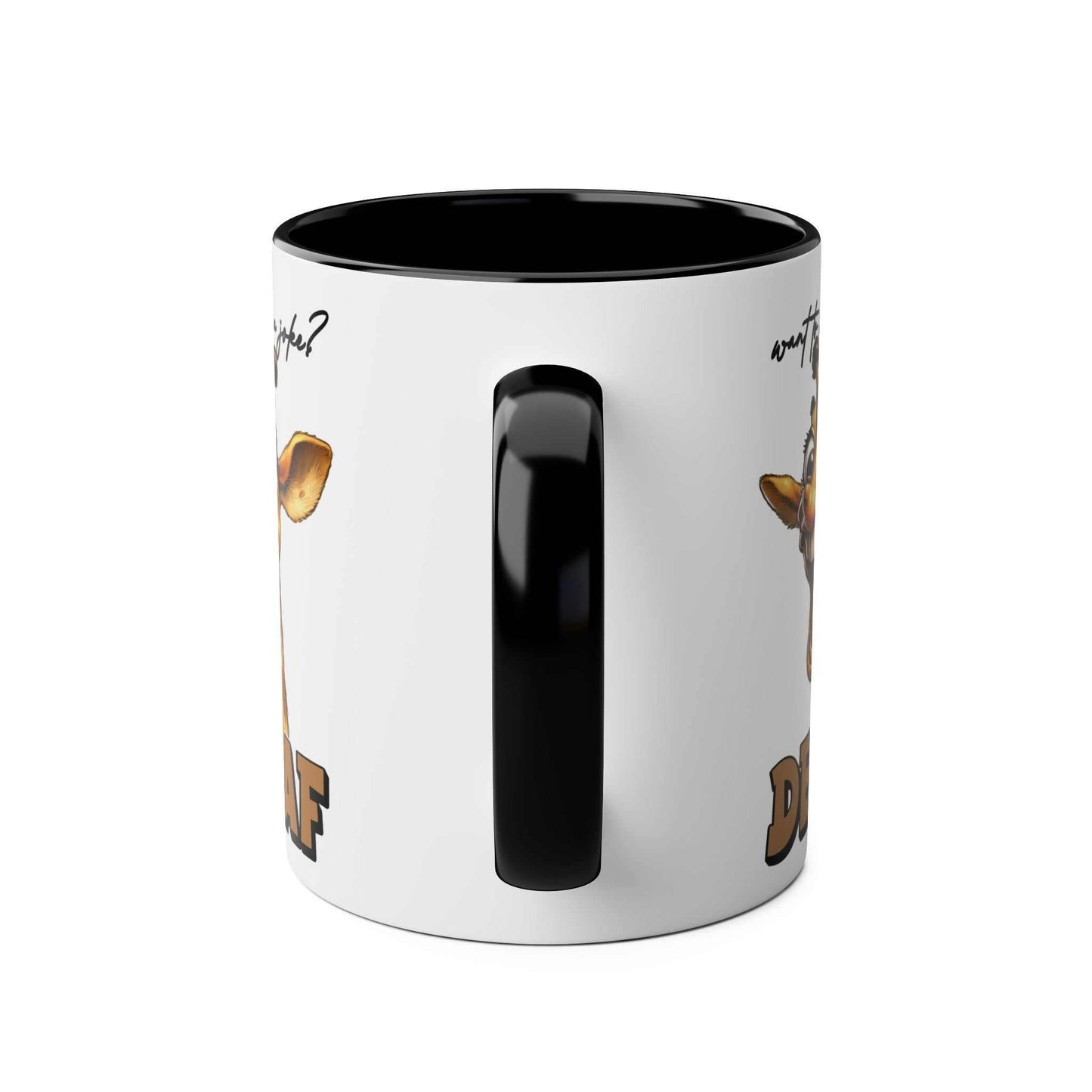 Decaf Joke Coffee Mug featuring a humorous giraffe design, 11oz ceramic, glossy finish, microwave and dishwasher safe.