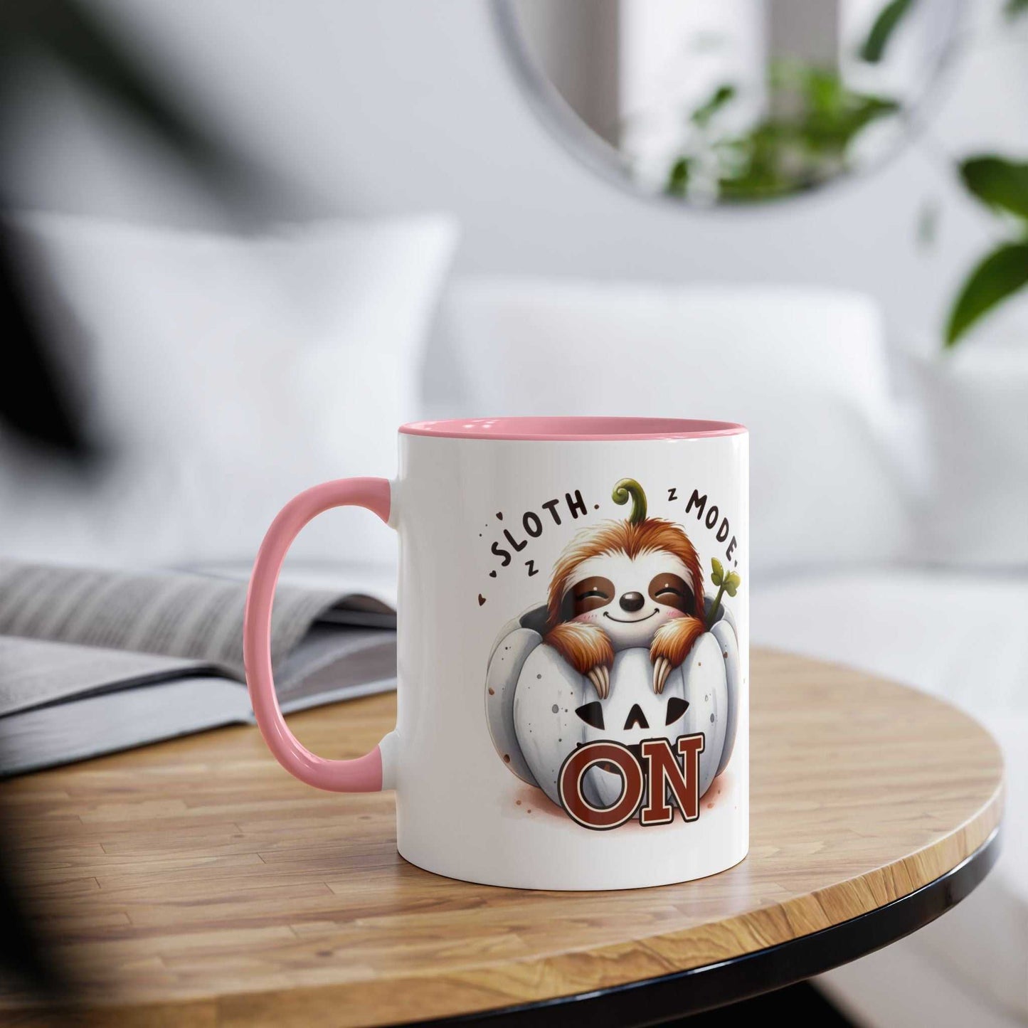 Cute sloth coffee mug with whimsical design on a wooden table.