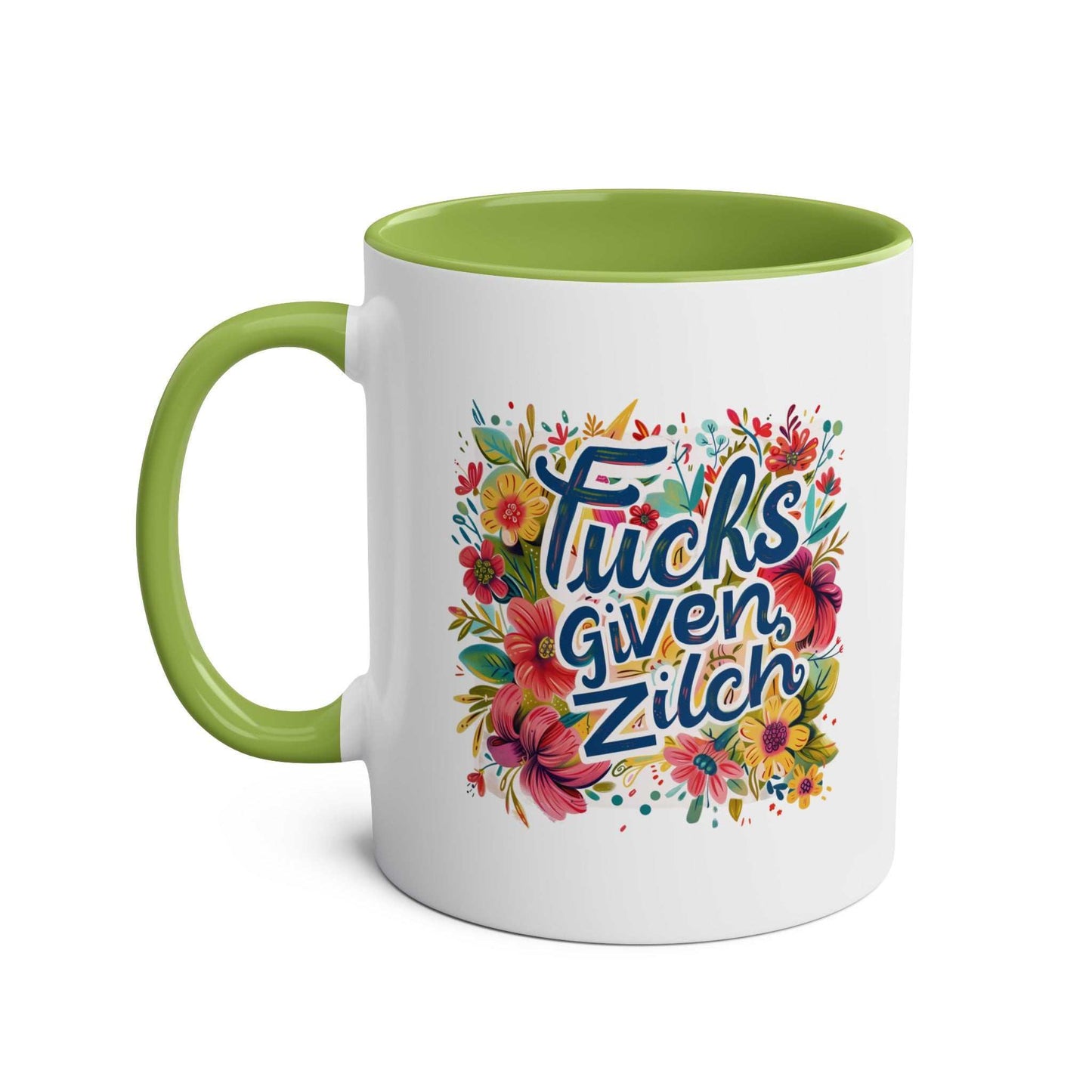 Zilch Coffee Mug with colorful floral design and cheeky slogan.