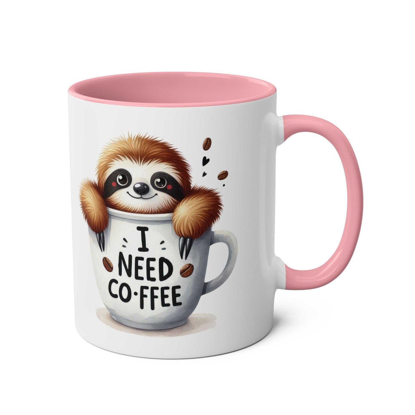 Cute sloth coffee mug with pink handle, sublimation print, and glossy finish.