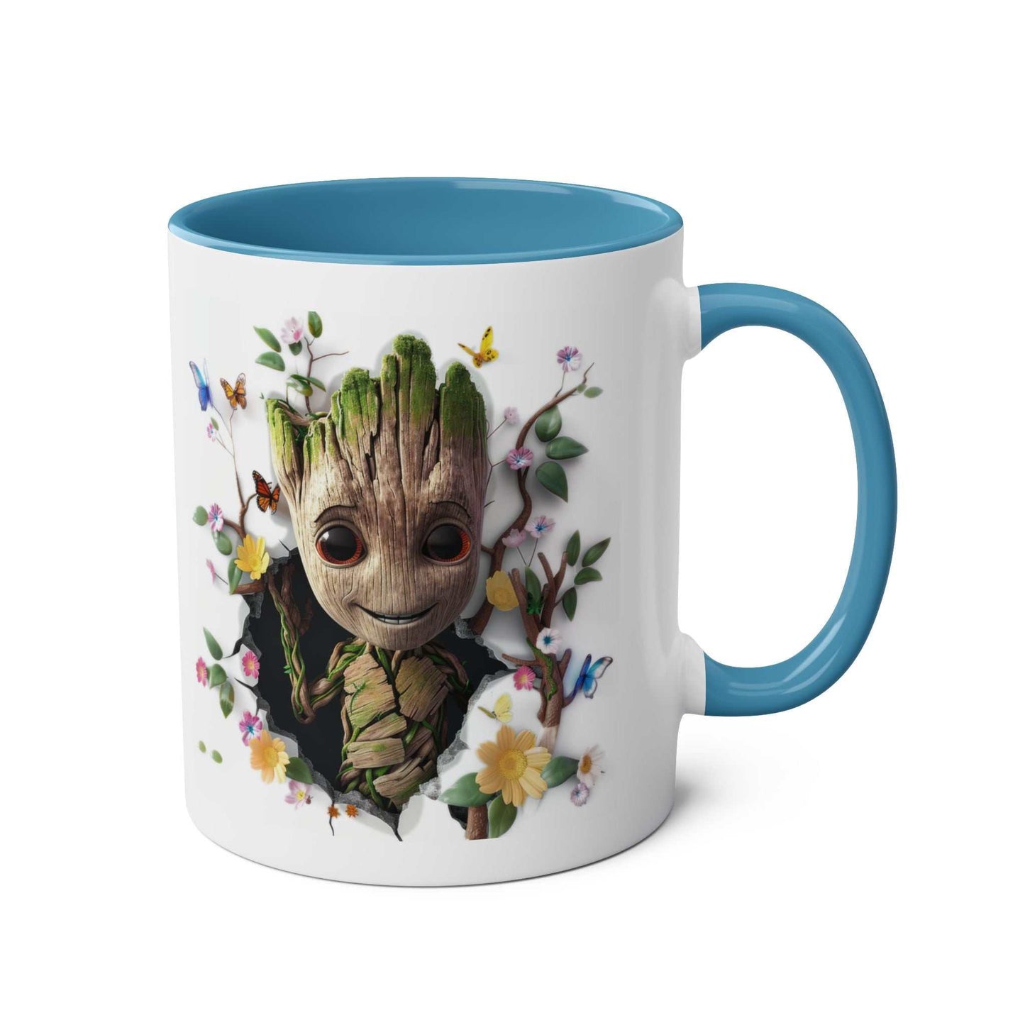 Baby Groot themed mug with colorful handle and floral design, 11oz ceramic, microwave and dishwasher safe.