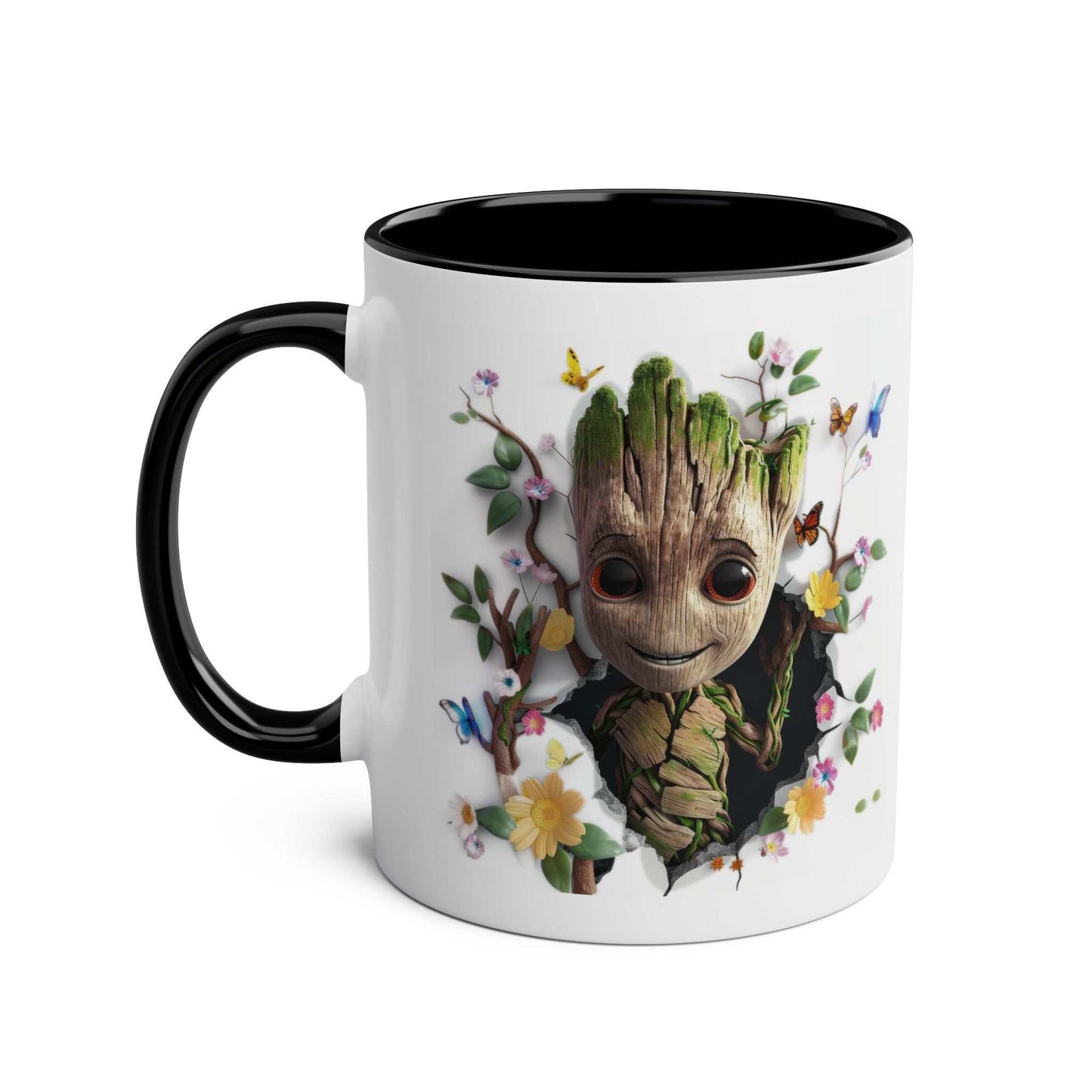 Baby Groot themed mug with colorful floral design, perfect for coffee or tea lovers.