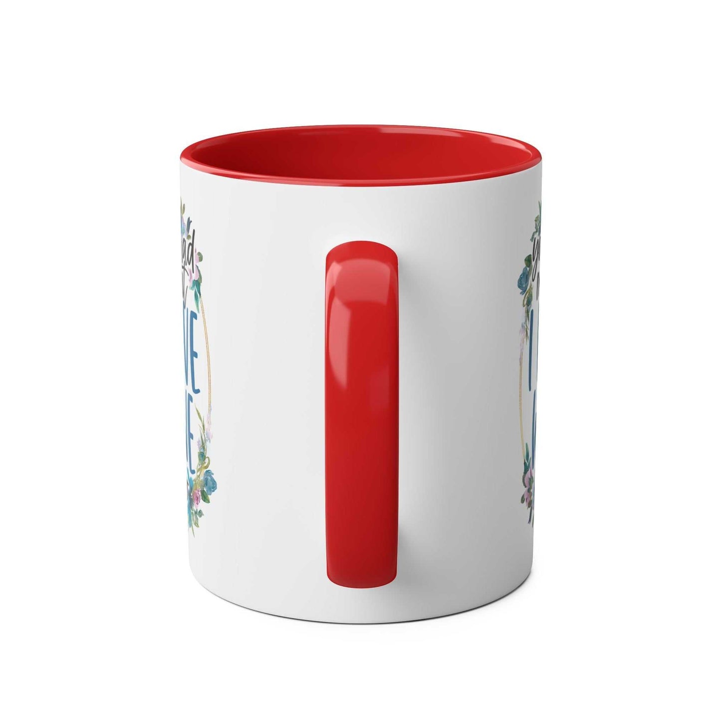 Red and white Love Wine Coffee Mug with floral design, 11oz ceramic, glossy finish.