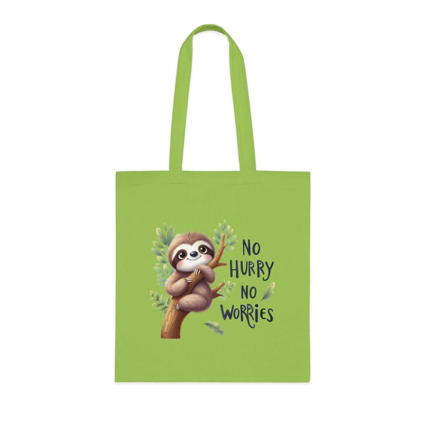 Cotton tote with cute sloth design and "No Hurry, No Worries" text.