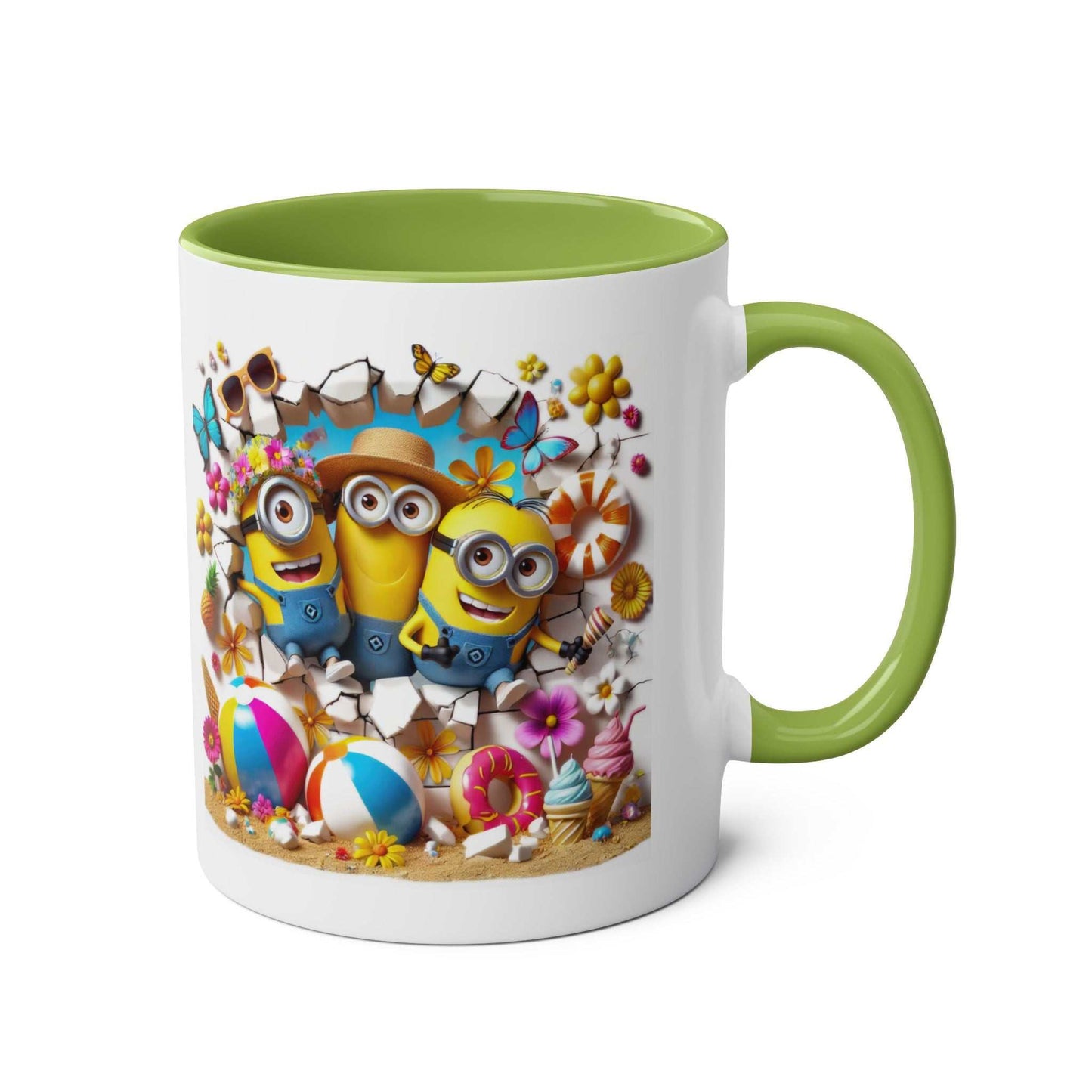 Minion Beach Themed Coffee Mug with playful Minion design, 11oz ceramic, glossy finish, green interior and handle.