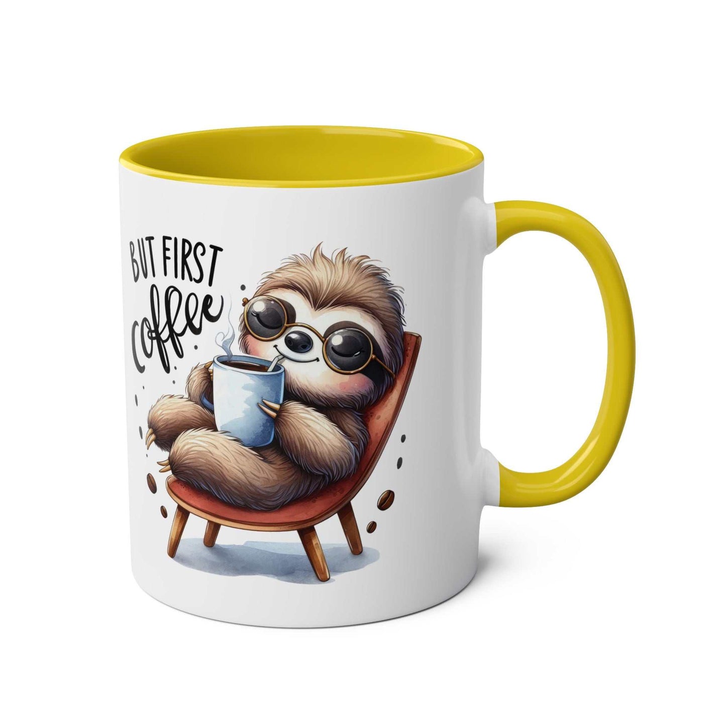 Cute sloth coffee mug with whimsical design and yellow handle.