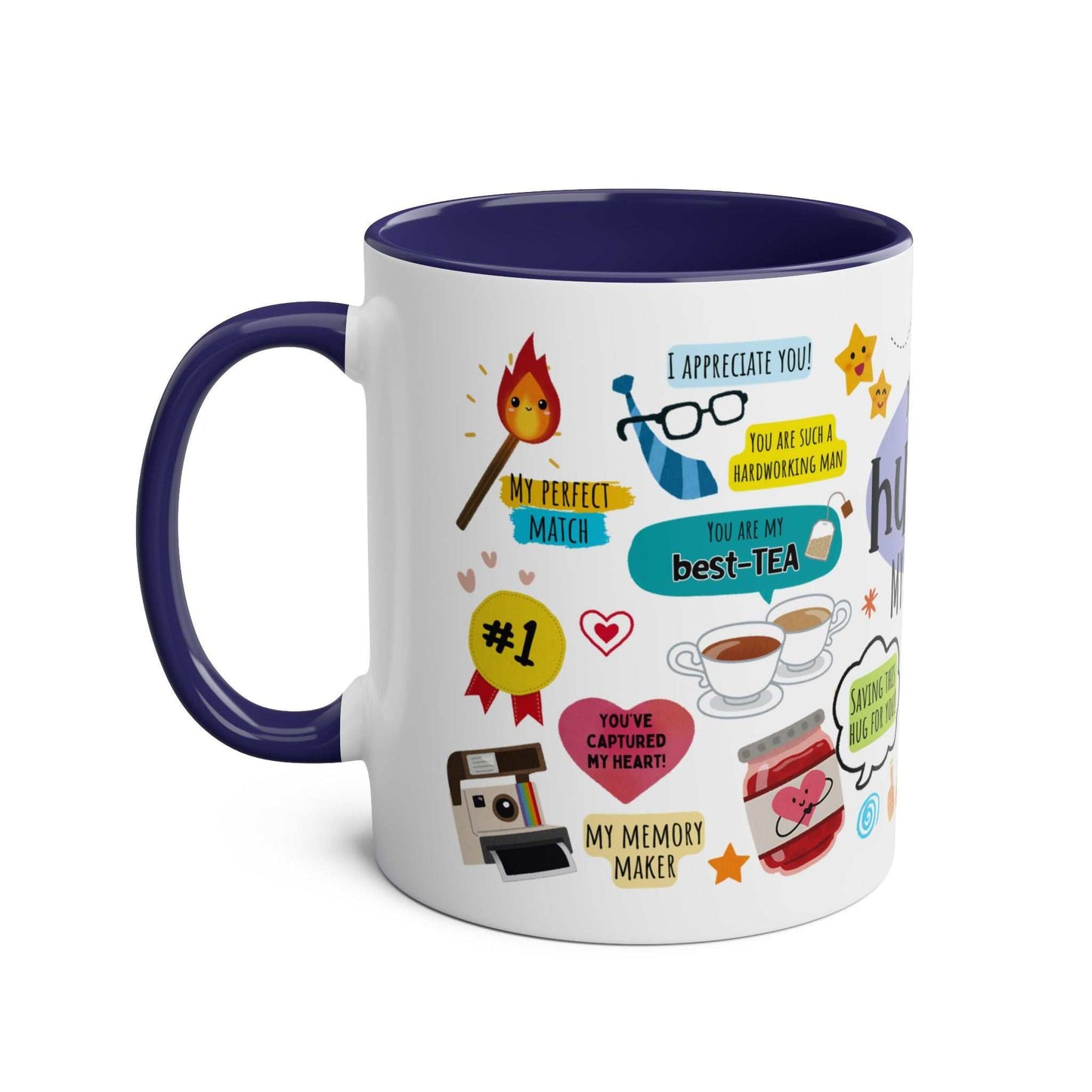 Husband Father's Day Gift Mug with fun graphics, blue handle, and glossy finish.