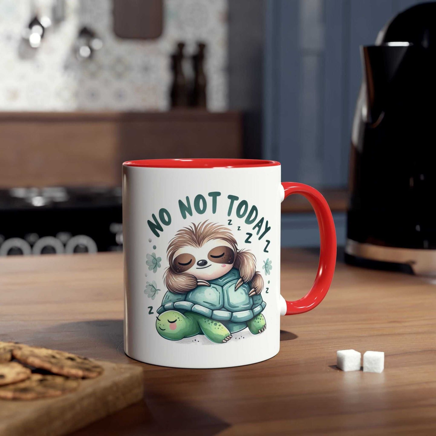 Cute sloth coffee mug with "No Not Today" design, 11oz ceramic, red glossy finish.
