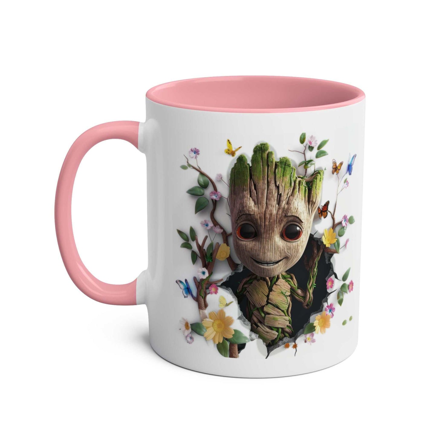 Baby Groot themed mug with glossy finish, pink interior, floral design, 11oz ceramic.