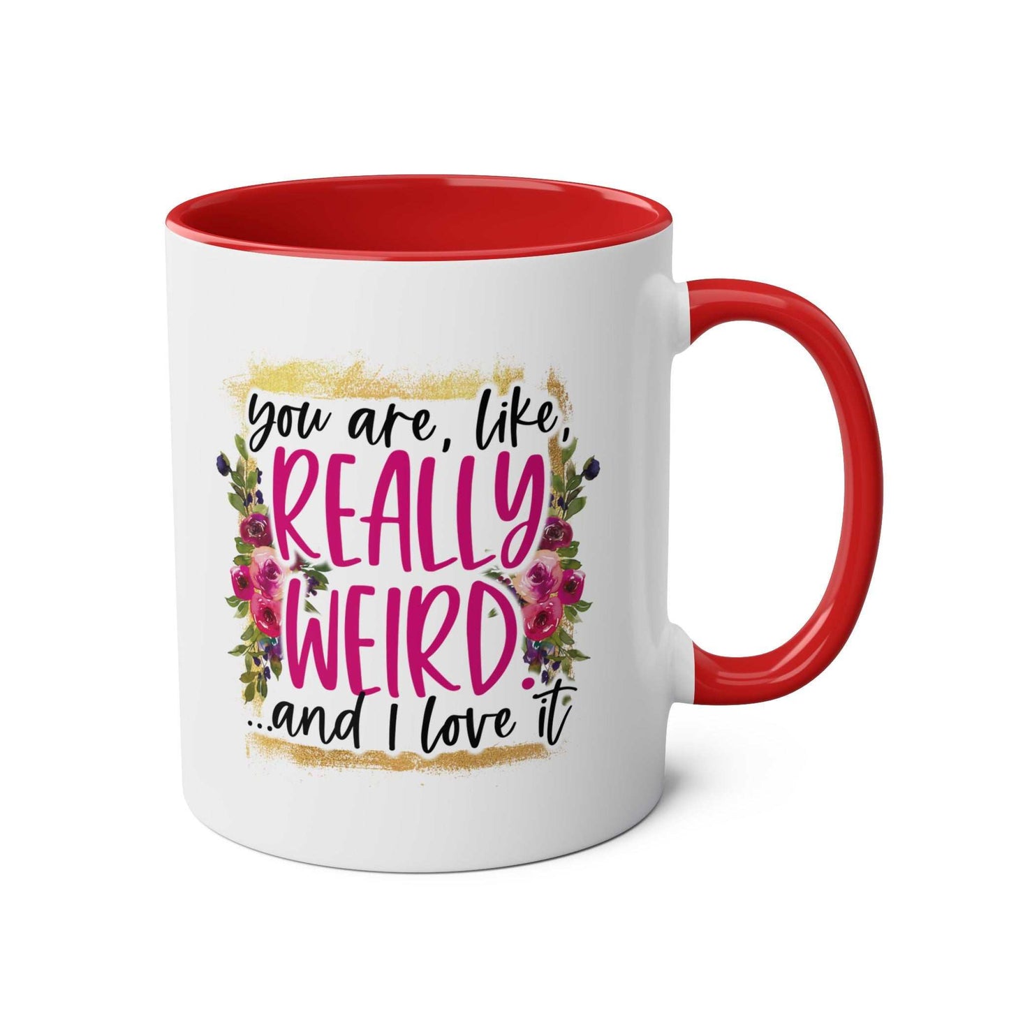 Red and white really weird coffee mug with cheeky text and floral design.