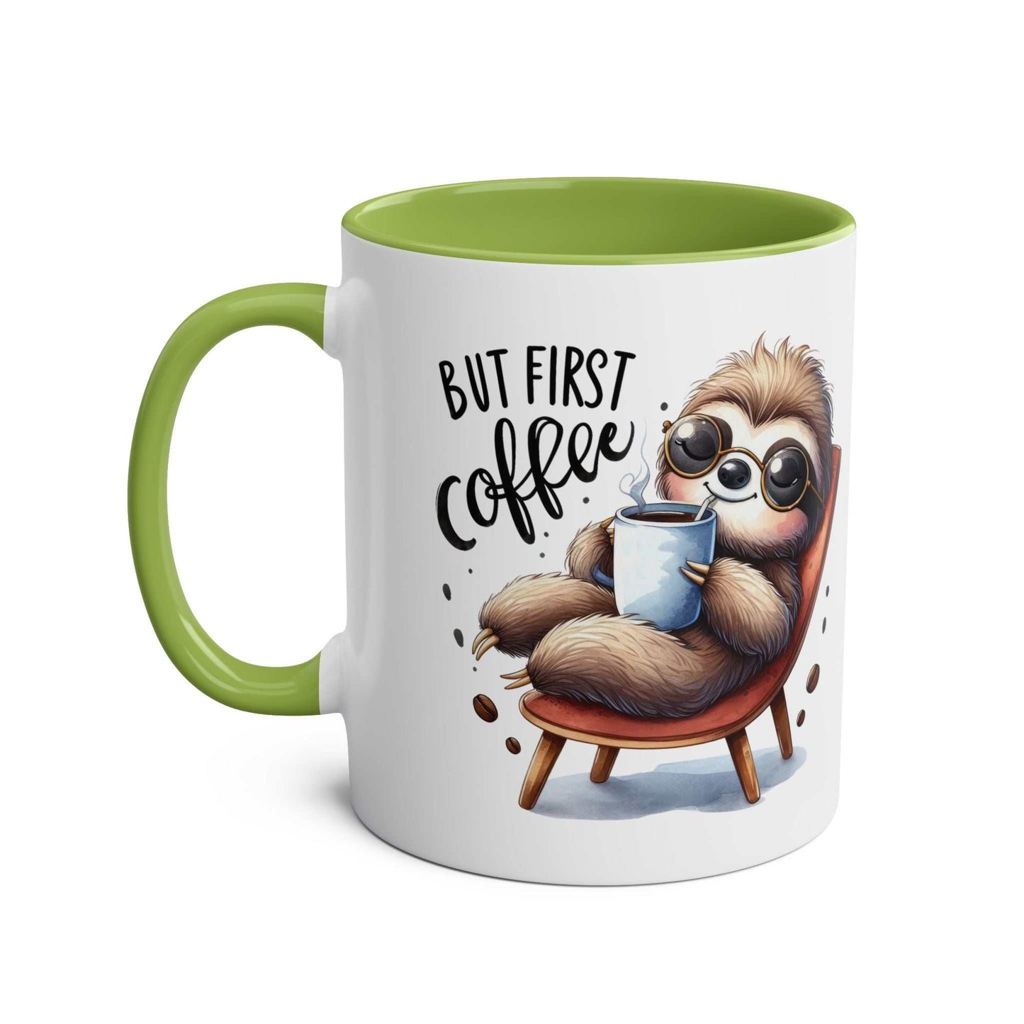 cute sloth coffee mug with colorful design and green handle