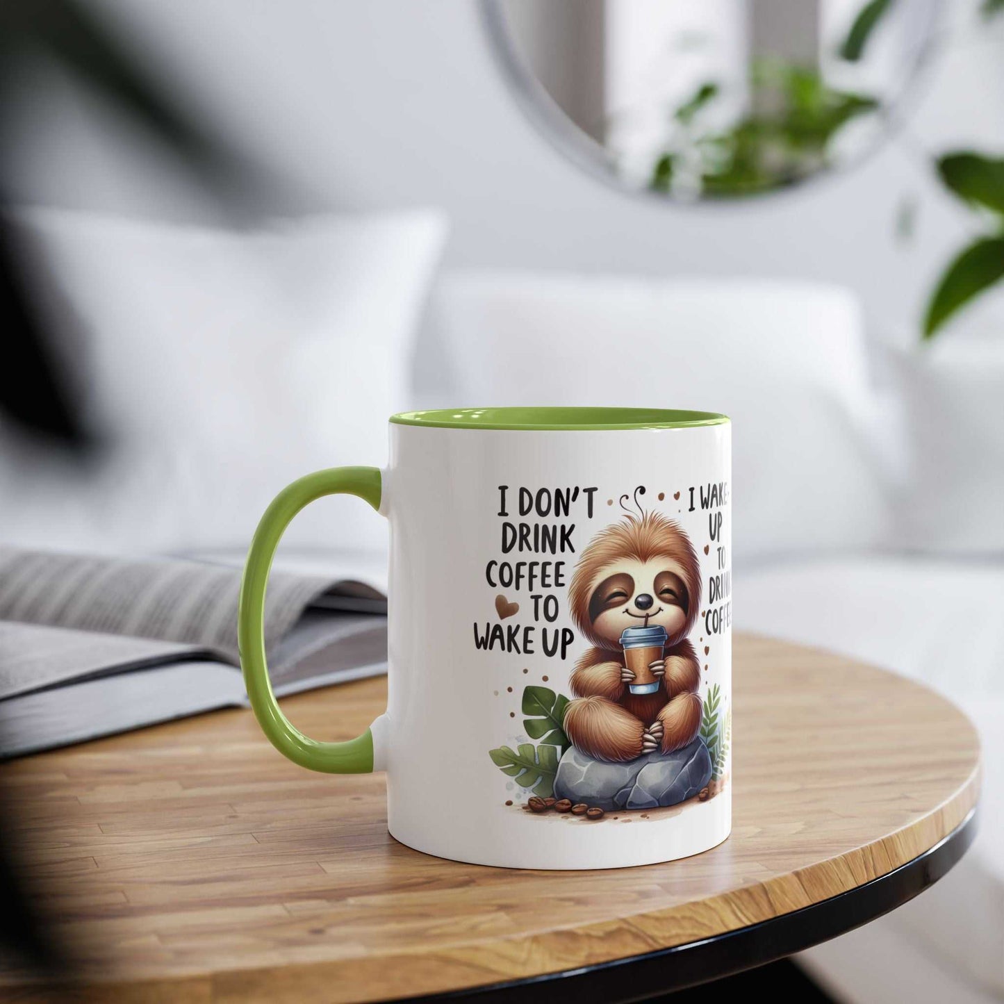 Cute sloth coffee mug with cozy sloth illustration, 11oz ceramic, glossy finish.